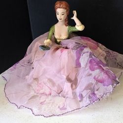 VTG COMPLETE half doll / pincushion doll. Green bodice with Sheer liliac skirting