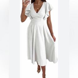 New LYANER Warp V Neck Ruffle Short Sleeve A Line Swing Flared Cocktail Party Midi Dress