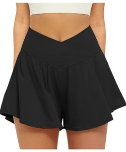 FireSwan Crossover Athletic Shorts for Women 2 in 1 Flowy Running Shorts with Pockets Spandex Butterfly Workout Tennis Skorts (black- medium and baby 