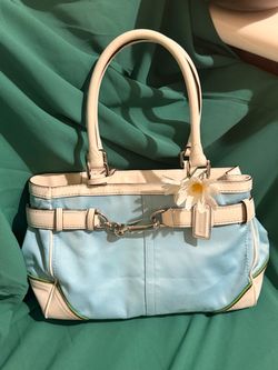 Authentic Vintage COACH Hampton Carryall Bag - Glacier Blue Canvas White Leather F10719