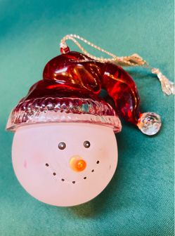 Vintage hand blown snowman head glass ornament with red hat