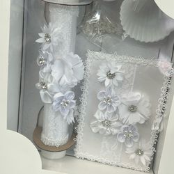 Baptism Candle Set for Boys and Girls,5 PCS Baptism Kit Virgen De Guadalupe Catholic Candle,Towel,Shell,Rosary,Bible for Baptismal Christening First C