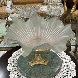 Beautiful Heirloom Antique Pink/Green Frosted Glass Ruffled& Crimped Centerpiece Platter🌷1900’s