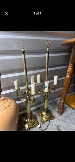 Vintage French Country Tole Metal Shade Brass Column Candelabra Table Lamps Pair Comes with shades of wanted