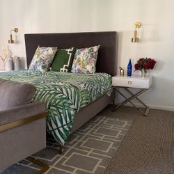 King Grey Velvet Bed / King Saatva Mattress/ 2 Nightstands 