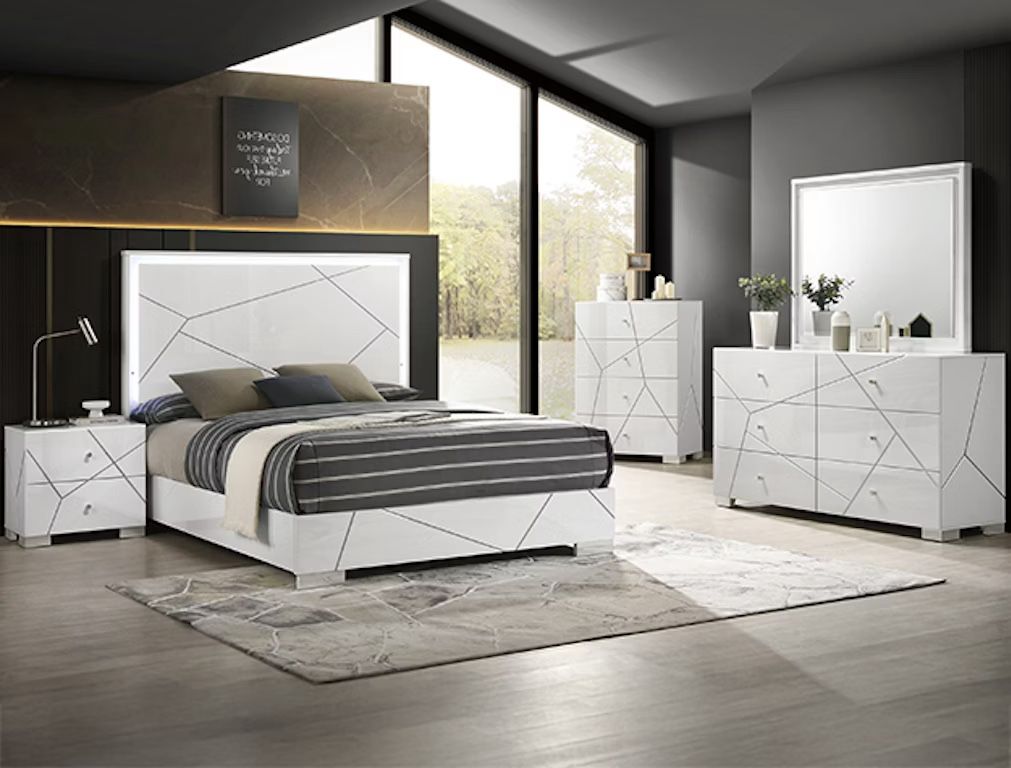 4PC White Queen Bedroom Set w/ LED Lights