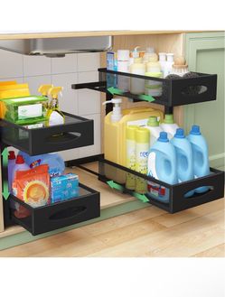 Set of 2 - Under Sink Organizer, 2 Tier Pull out Cabinet Organizer Baskets with Mesh Sliding Drawers, Slide out Storage Shelf for Home, Kitchen, Bathr