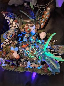 Whimsical Fairy Garden Grotto with Glowing Crystal Deer & Resin Waterfall