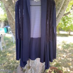 Beautiful! Women’s Size L Navy Blue 1/2 Velvet 1/2 Sweater Knit Open Front Cardigan Sweater— 89th & Madison 