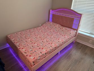 Princess Girl Bed - Full Size - LED Lights, Pink Upholstered Headboard, Charging Station