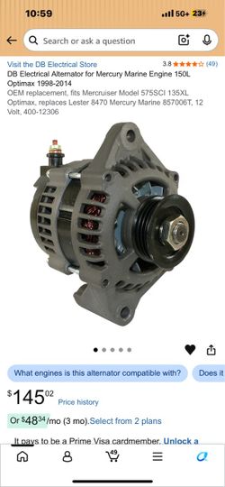 Mercury Alternator Compatible With/Replacement For 857006T 875285T1 881248T 889955, Mercury Optimax