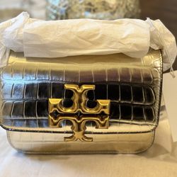 Brand New Authentic Tory Burch Gold  Eleanor Croc Embossed Small Convertible Bag