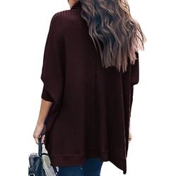 Color Maroon Women Turtleneck Batwing Sleeve High Low Hem Side Slit Waffle Knit Casual Loose Oversized Sweater Tunic Amazon's Choice 