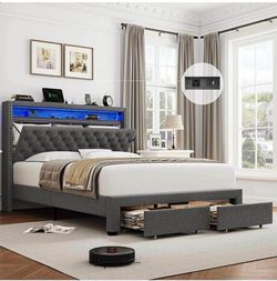 Queen size LED Bed Frame with Storage Headboard wand 2 Drawers, Camas Queen G-64