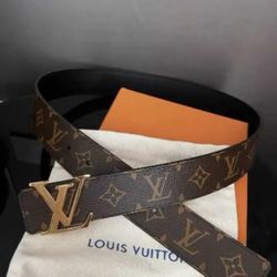 Louis Vuitton Monogram Men's Dress Belt Brown Gold Buckle Logo Accent