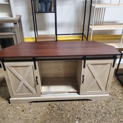  Modern Farmhouse Sliding Door Corner TV Stand, White Oak(New)