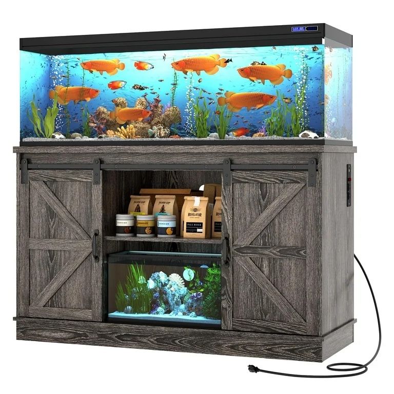 Blotout Farmhouse 55-75 Gallon Fish Tank Stand with Power Outlet, 52"Aquarium Stand with Storage/Sliding Barn Door, Heavy Duty Tank Stand for 2 Fish T