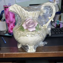 Vintage Capodimonte Italian Porcelain Pitcher Vase with 3D Rose