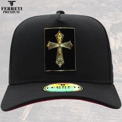 Ferreti Premium Black Snapback Hat Gold Cross