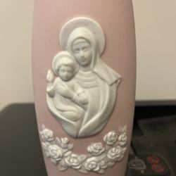Vintage Mary And Jesus, Pink Ceramic Religious Vase