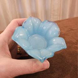 Crate & Barrel Blue Opalescent Glass Lotus Flower Tealight Holder Votive Italy