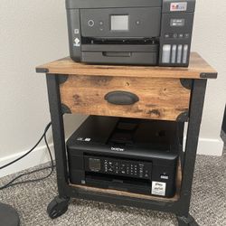 End Table Or Printer Stand Round Wood Tone Metal Black Standing Lamp, Remote For Filming Or Ambience