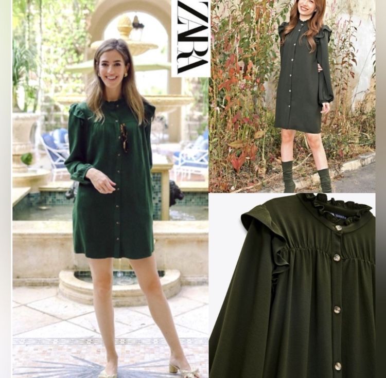 Zara Green Ruffle Trim Button Down Dress