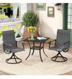 DIFY 3 Piece Outdoor Dining Set for 2, Patio Furniture Set with 27.6" Black Small Square Metal Dining Table & 2 Dark Grey Textilene Swivel Patio Chair