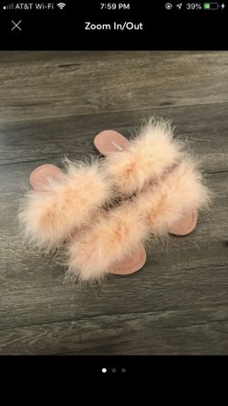 Pink fur fluffy sandals flat slippers shoes low heel flats size 5.5