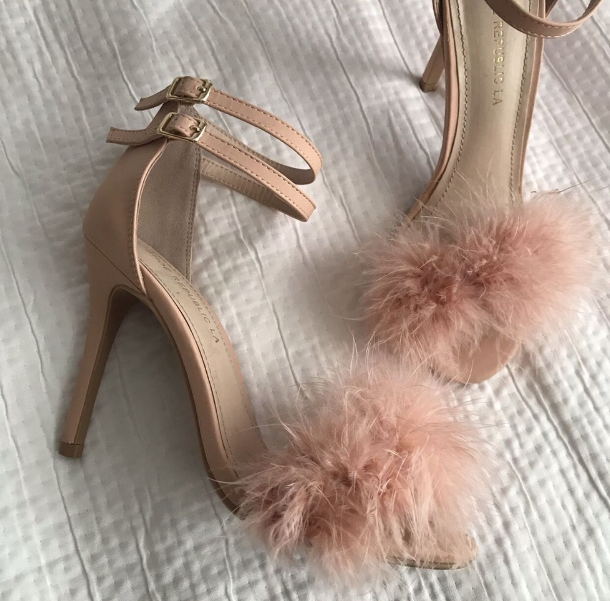 Fluffy Blush Pink Strappy Heels Size 6.5