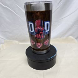 Super Dad 20 oz Tumbler – Painted Wood Grain Look – Spider Hero Fist Bump – Stainless Steel Insulated Travel Mug – Perfect Father’s Day Gift
