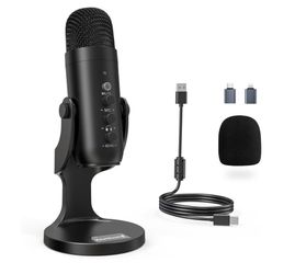 Podcast Microphone for PC, Noise Cancellation USB Mic with Gain, Volume Adjustment & Mute Button, Monitoring & Echo