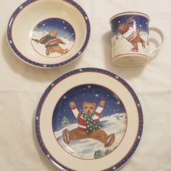 China Mikasa SKATING BEARS Plate Bowl Mug Set
