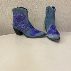 Giancarlo Paoli Denim Studded Purple Floral Ankle Boots Ladies Size 37.5 