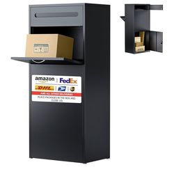 Package delivery Box for Outside, Front-Back Black Metal Parcel Drop Box, Anti-Theft Waterproof Mailbox for Porch, Fence, Curbside (50 x 38 x 120cm)
