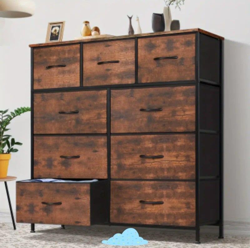 9-Drawer Strudy Fabric  Wardrobe Organizer W/Metal Frame & Wooden Tabletop For Living, Office, Enterway, Free Wrench & Screwdriver 