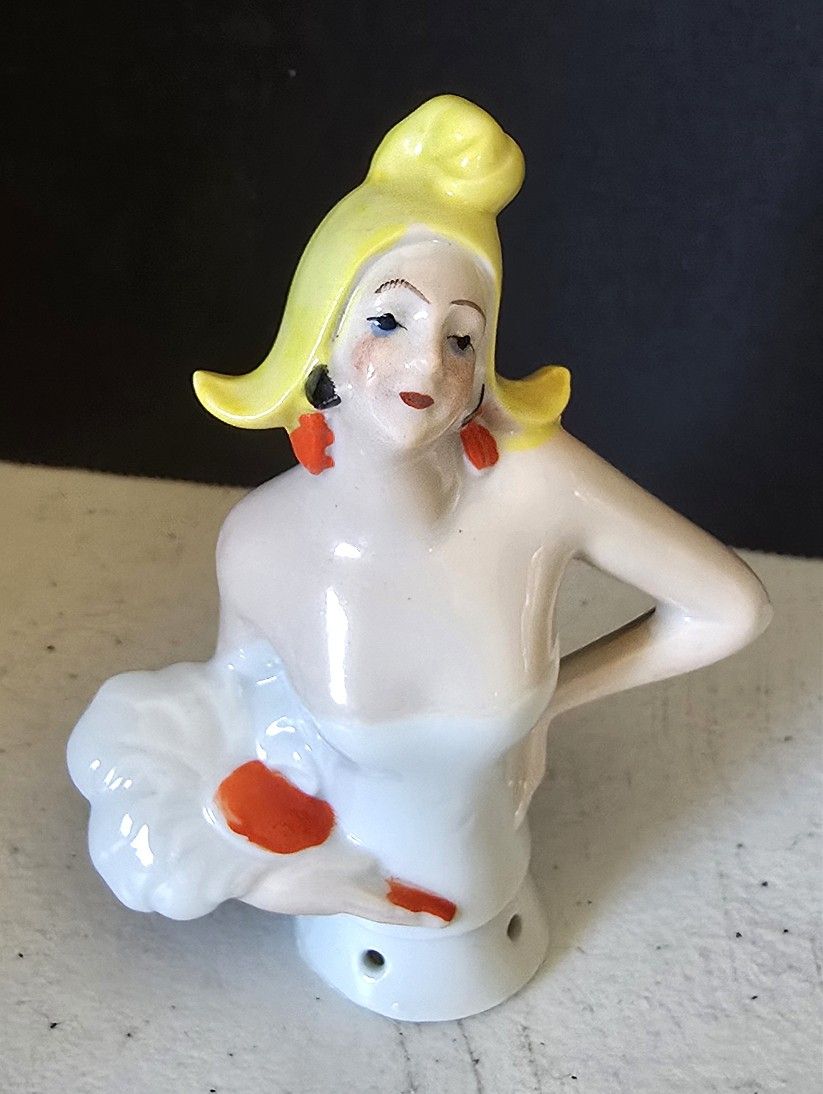 VTG 4" half doll / pincushion doll, blonde hair sleeveless dress w flowers