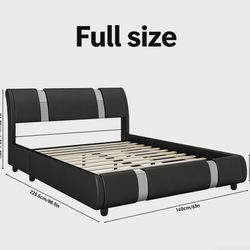 Queen Size Bed Frame, Modern Leather Upholstered Platform Bed Frame with Adjustable Headboard, Black