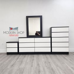 DRESSER WITH MIRROR, CHEST AND ONE NIGHTSTAND 