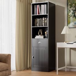 Bookshelf with Door and Drawer, 3 Shelf Bookcase, 3-Tier Freestanding Tall Bookcase, Display Shelf with Cabinet, Narrow Bookshelf for Bedro