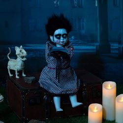 Halloween Creepy Doll with Black Hair Animatronic Haunted Doll Prop with Moving Head and Horrible Sound Halloween Outdoor Indoor Decoratio