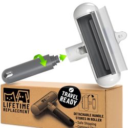 Triton Travel Pet Hair Removal Tool – Reusable Fur Roller w/ Handle – Gray/White