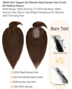 SEGO Hair Toppers for Women Real Human Hair 6 Inch 04 Medium Brown With Bangs 150% Density 7*13CM Silk Base 100% Human Hair Clip in Top Wiglet Hairpie