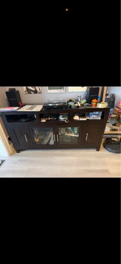 Dark Wood TV Stand with Glass Door Cabinets