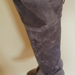 Brand New Gray Tight High Boot Size 8.5 . Adjustable Tie Top Heeled Booties Suede