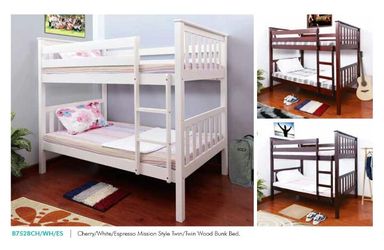 Cherry/white/espresso mission style twin/twin bunk beds
