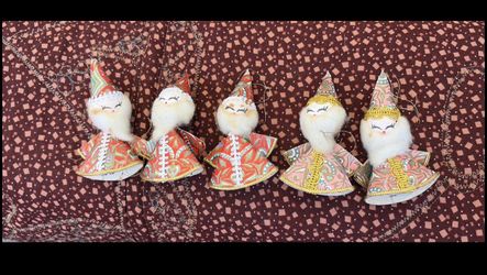 5 Vintage Mid-Century Cotton Spun Santa’s Christmas Ornaments Decoration Lot