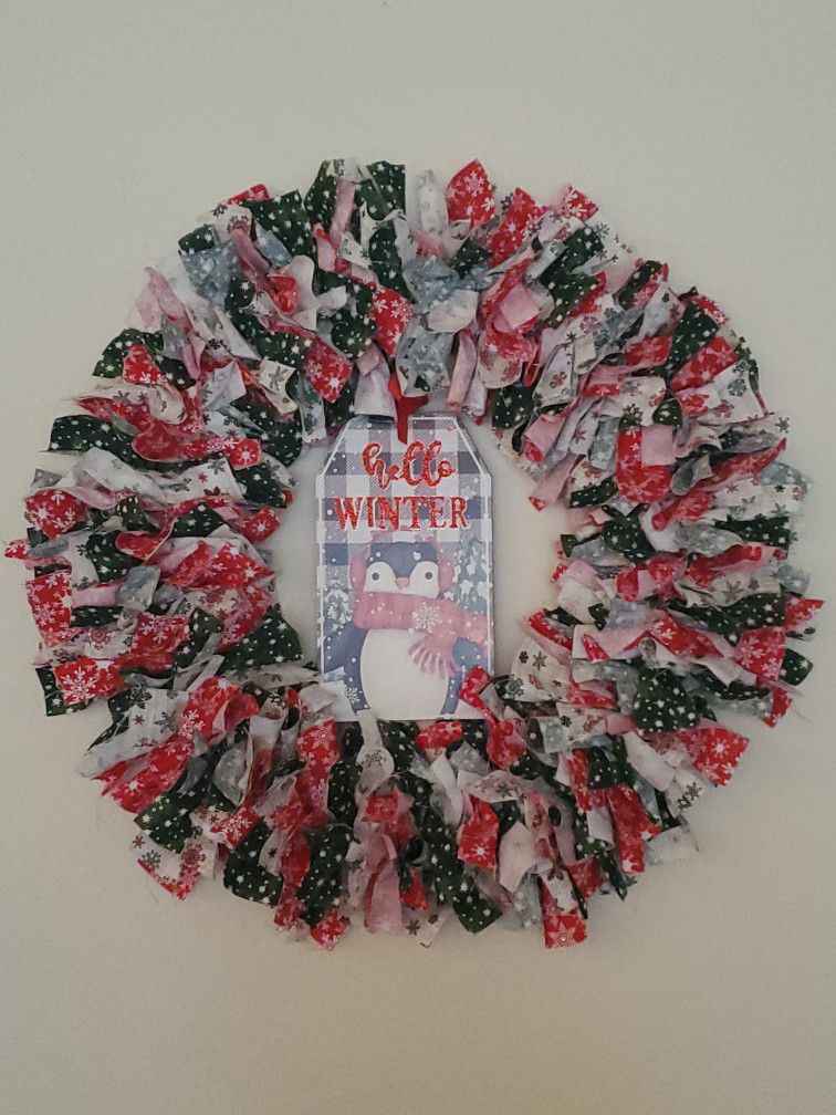Christmas Holiday Rag Wreath - Snowflake Red White