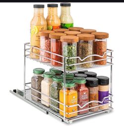 HOLDN’ STORAGE Pull-Out Cabinet Spice Rack Organizer, Heavy-Duty Chrome Metal, 8 ½ W x 10 ⅜ D x 8 ⅞ H Inch , 2 Tier