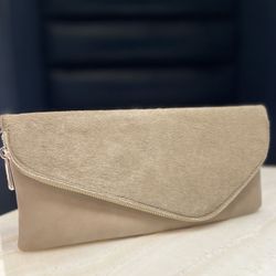 Sole Society Tammy Taupe Faux Fur Leather Clutch w/Gold zipper